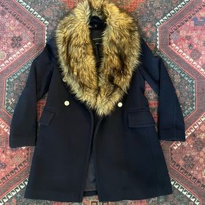 Club Monaco Navy Coat with Detachable Faux Fur. Size Small